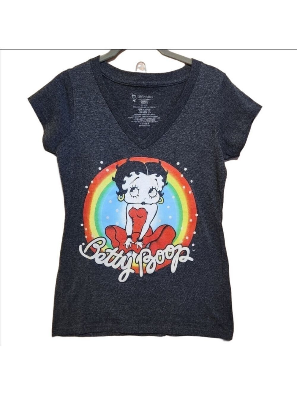 BETTY BOOP GRAPHIC TEE FITTED V NECK GRAY CHARACTER T-SHIRT TOP SIZE XS